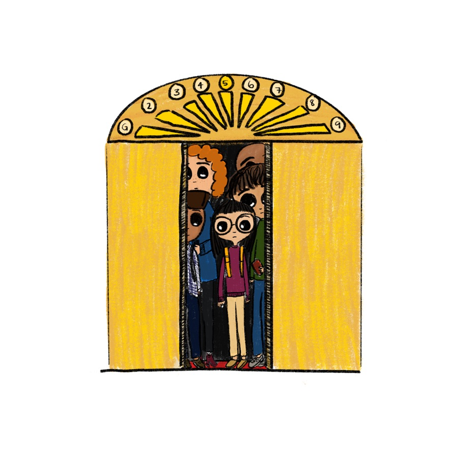 Illustration of at least 5 people packed into a golden elevator.
