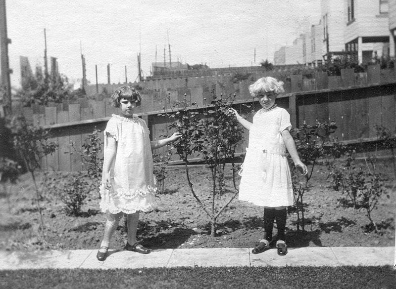 Vintage photo of two young girls in dresses in a fenced-in backyard.