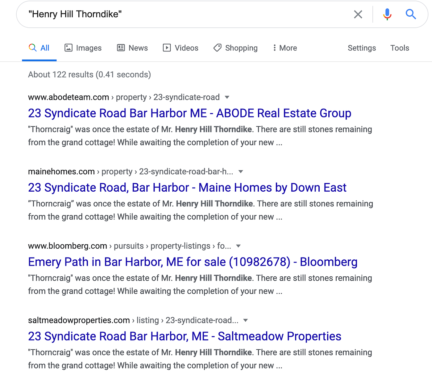 Screenshot of the Google results page for a search for “Henry Hill Thorndike.” All of them reference the Syndicate Rd. house.