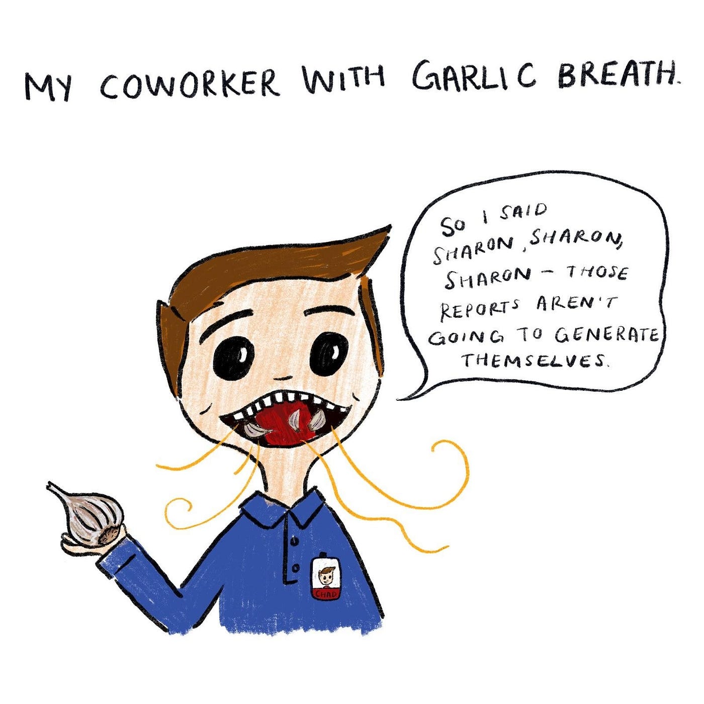 Illustration of a person speaking obnoxiously, stink lines coming out of their mouth, where several garlic cloves are.