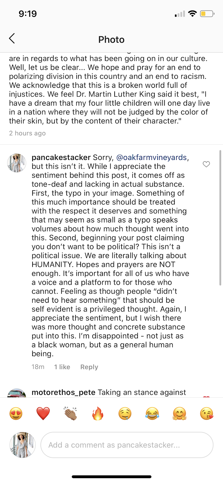 Screenshot of Chandamheer’s response on the Oak Farms Vineyard Instagram post.