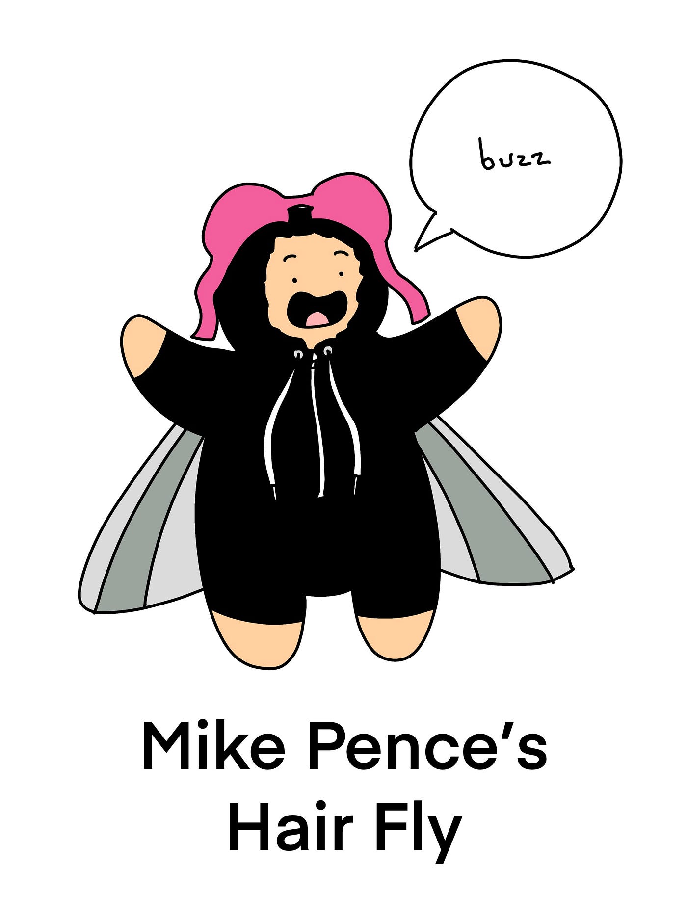 Person in a black hoodie (drawstring tight around their face), a pink bra (worn as a hat), and a gray cape saying, “Buzz.”