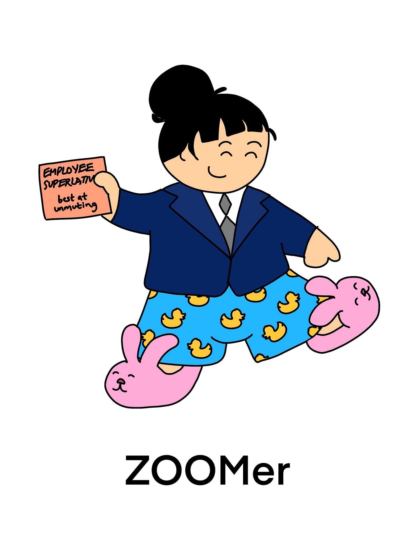 A person with a suit jacket, tie, rubber ducky pj pants, & pink bunny slippers holding a card that says “best at unmuting.”