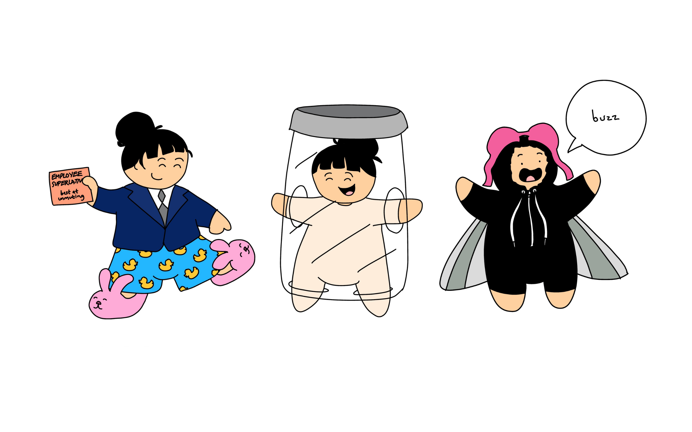 Three people in costumes: person on a Zoom work call, sourdough starter in a jar, and a fly.