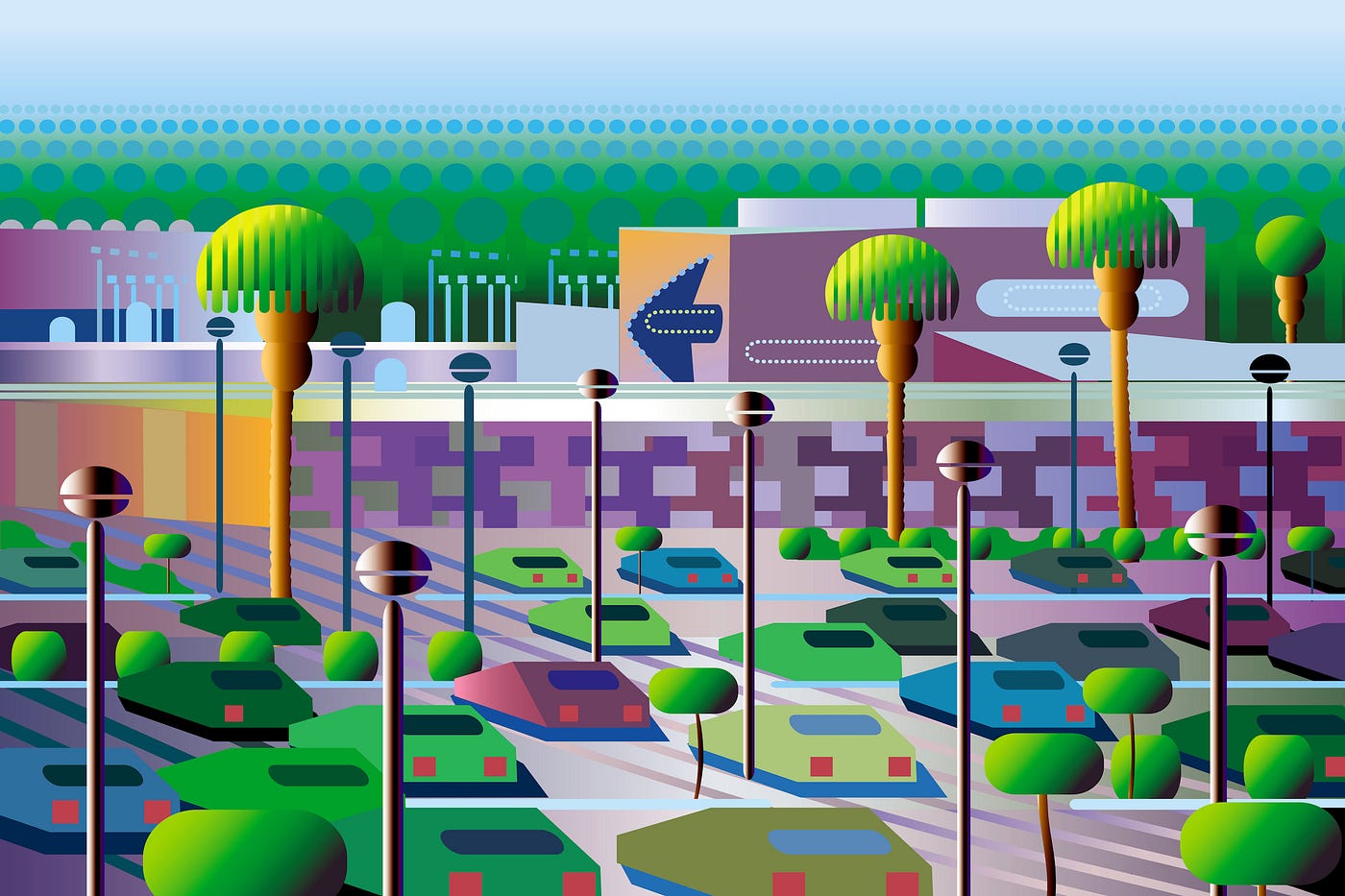 Illustration of a parking lot with palm trees.