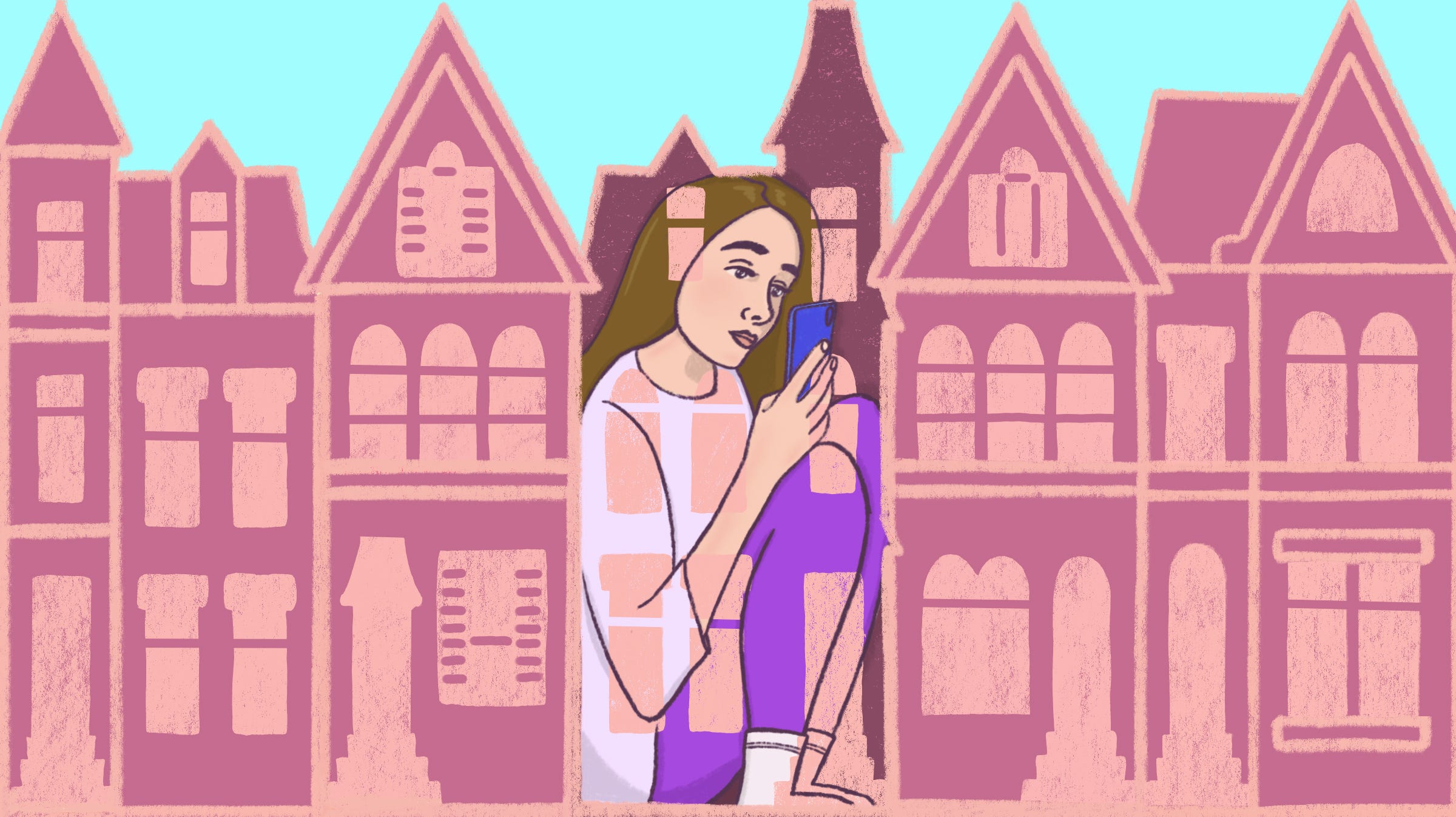 An illustration of a row of SF row houses with a woman in the middle on her phone.