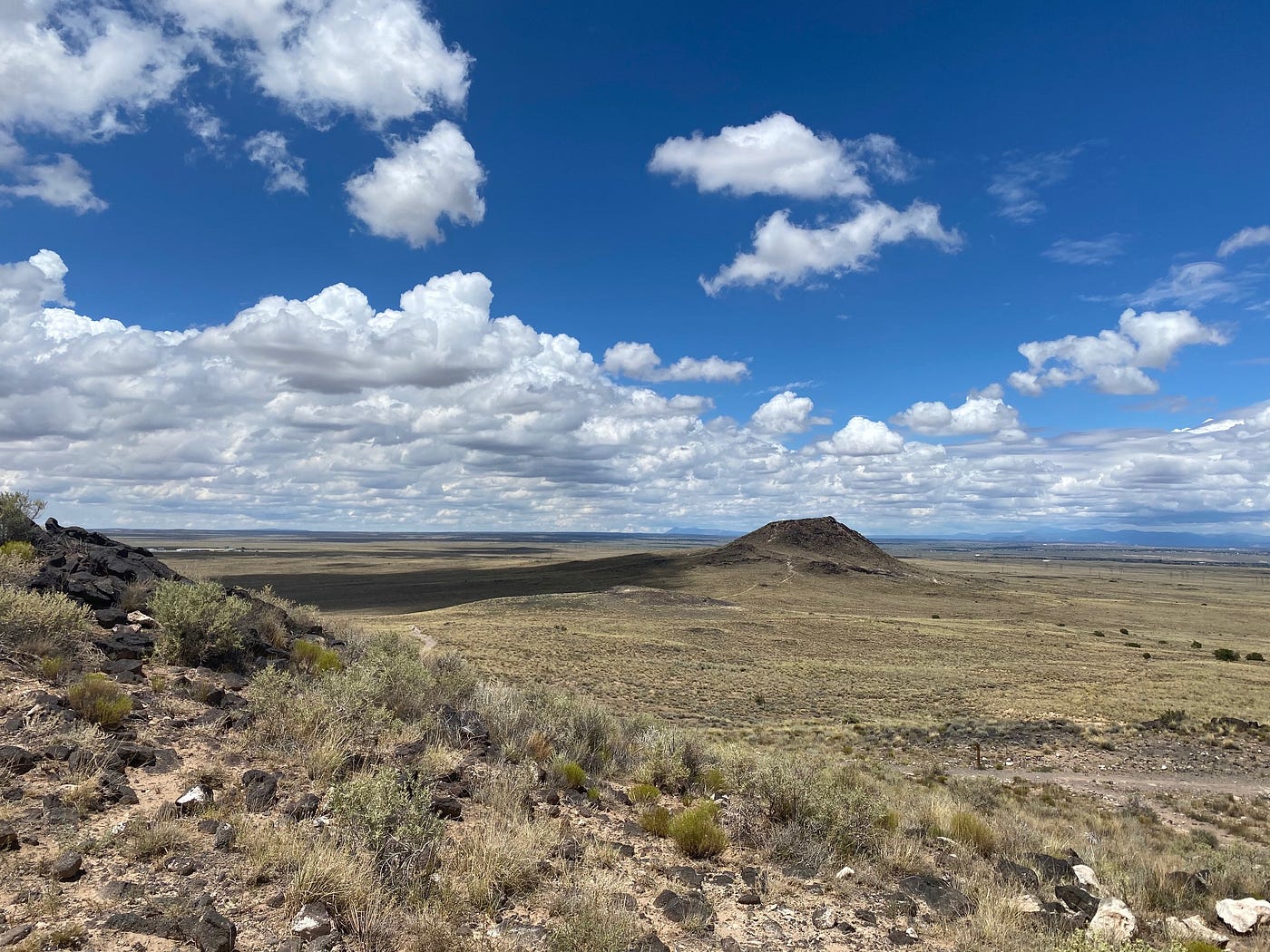 A mostly flat New Mexican landscape with scrubby grass under a deep blue sky with white fluffy clouds.