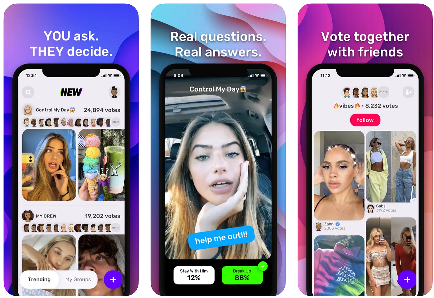3 screenshots from the NewNew phone app. One is labeled, “You ask. They decide,” one is “Real questions. Real answers,” and “Vote together with friends.”