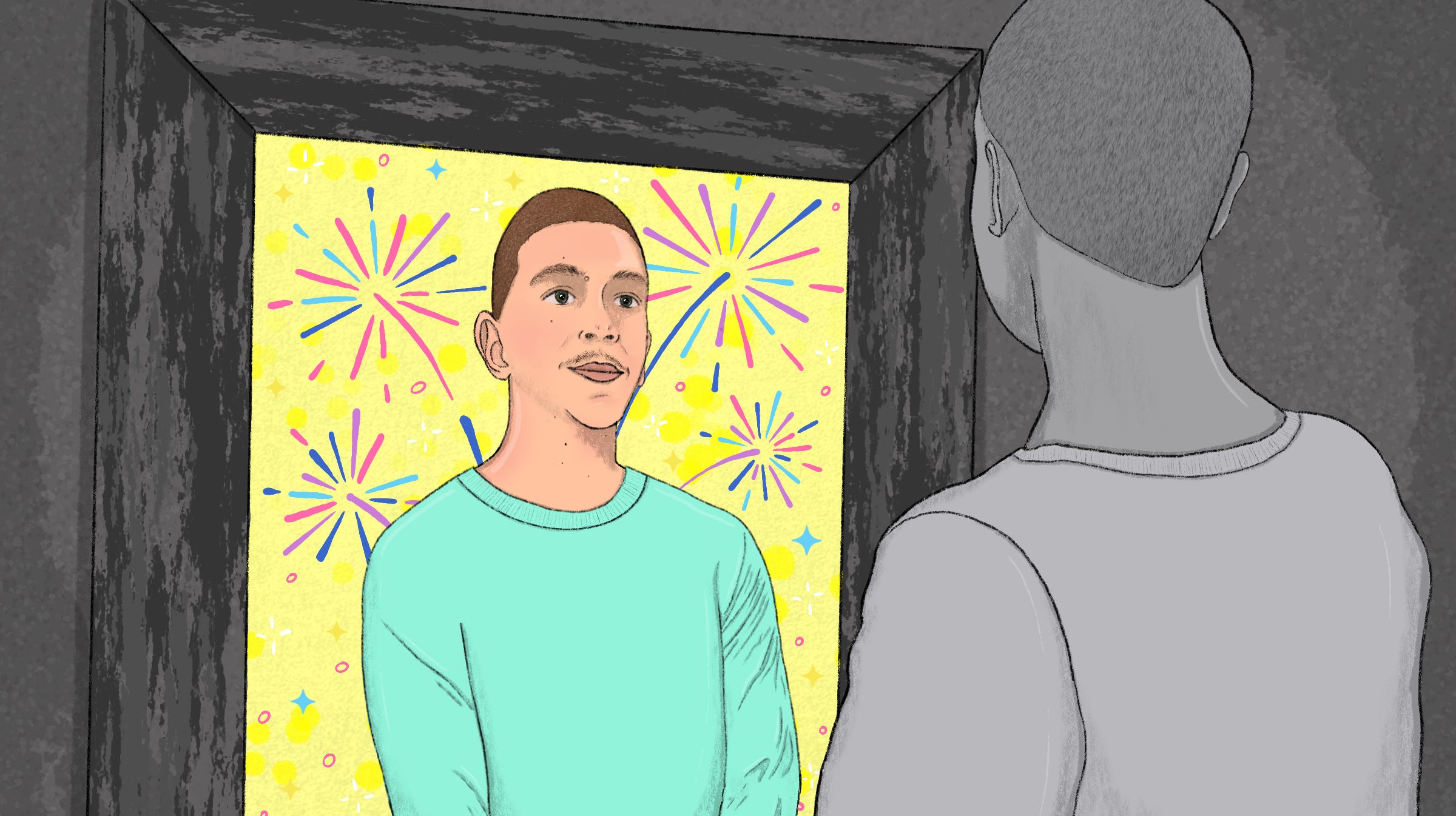 A man looks into his self-reflection in the mirror.