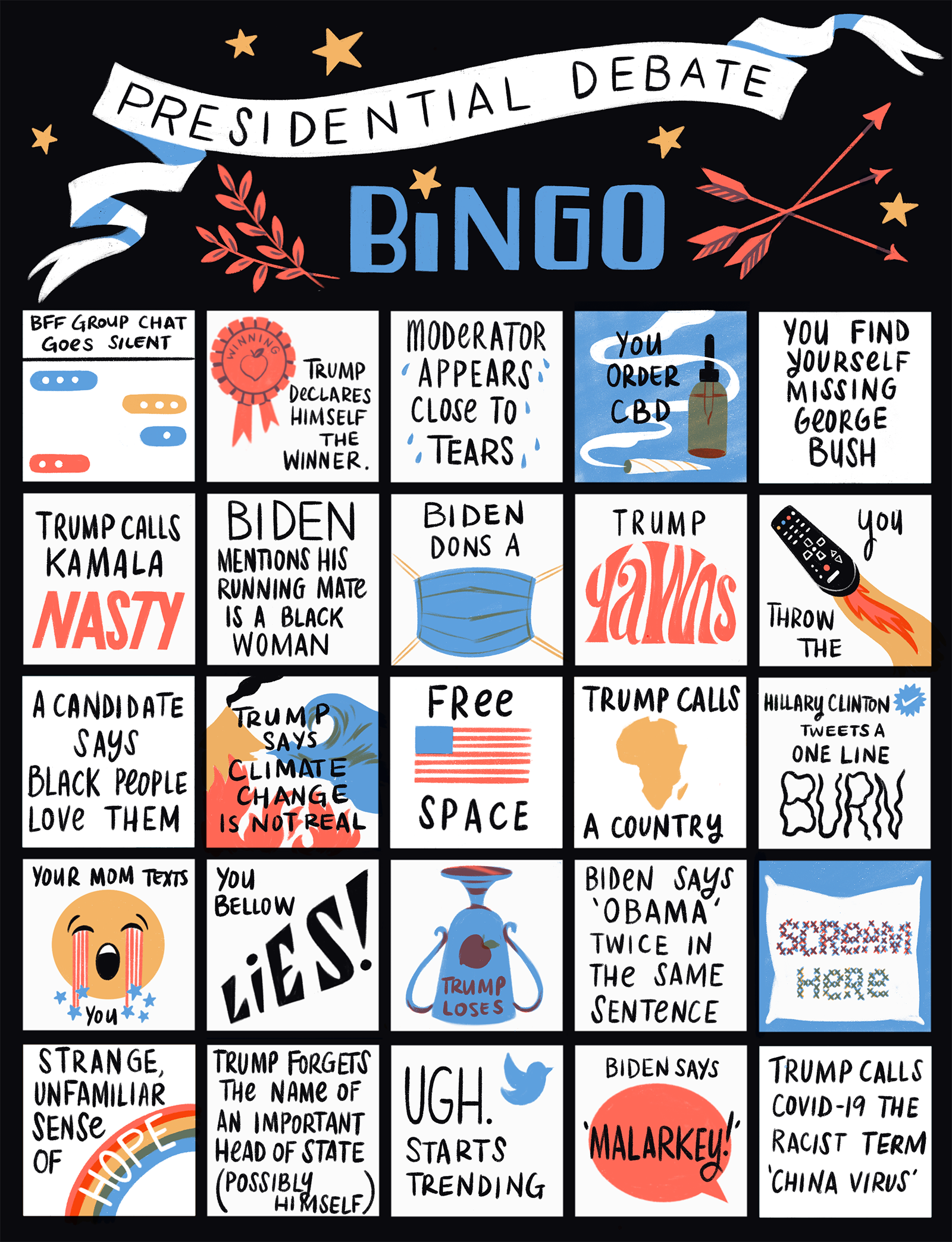 A bingo card with squares like “Biden dons a [mask],” “You throw the remote,” and, “Trump calls Kamala ‘nasty.’”