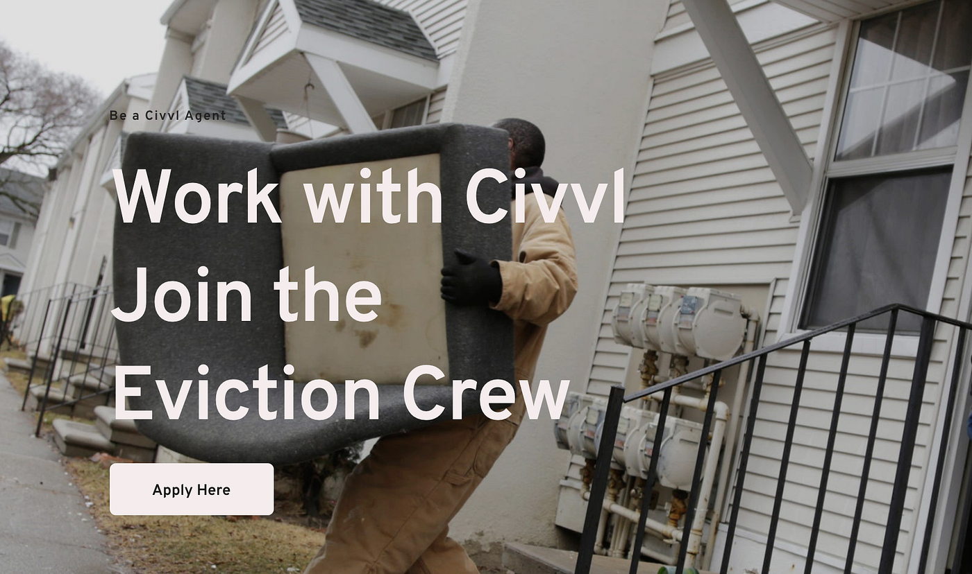 Someone carrying an armchair out of a house. Text: “Work with Civvl—join the eviction crew. Apply now.”