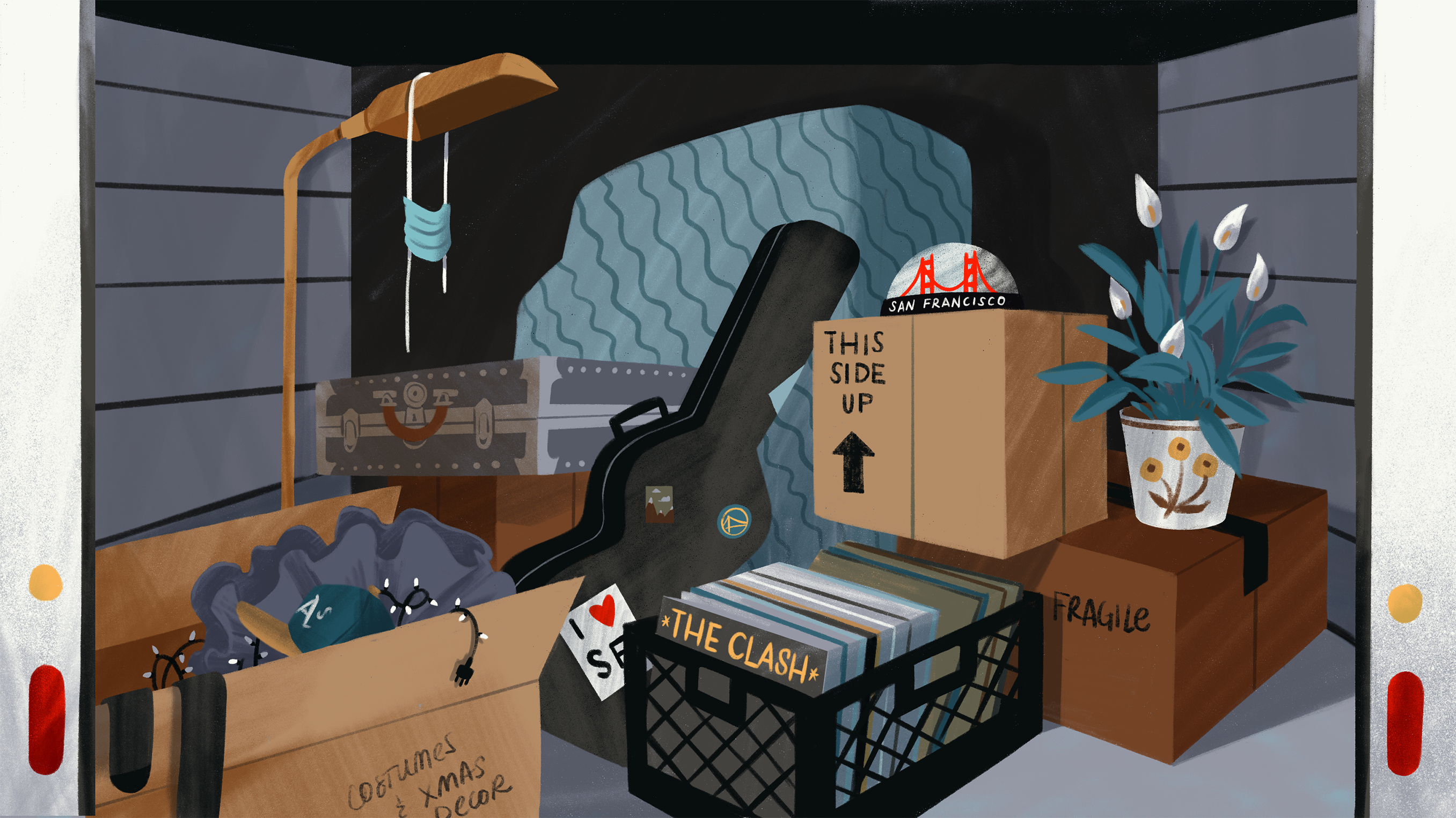 Illustration of in the inside of a garage, with lots of personal belongings in boxes.