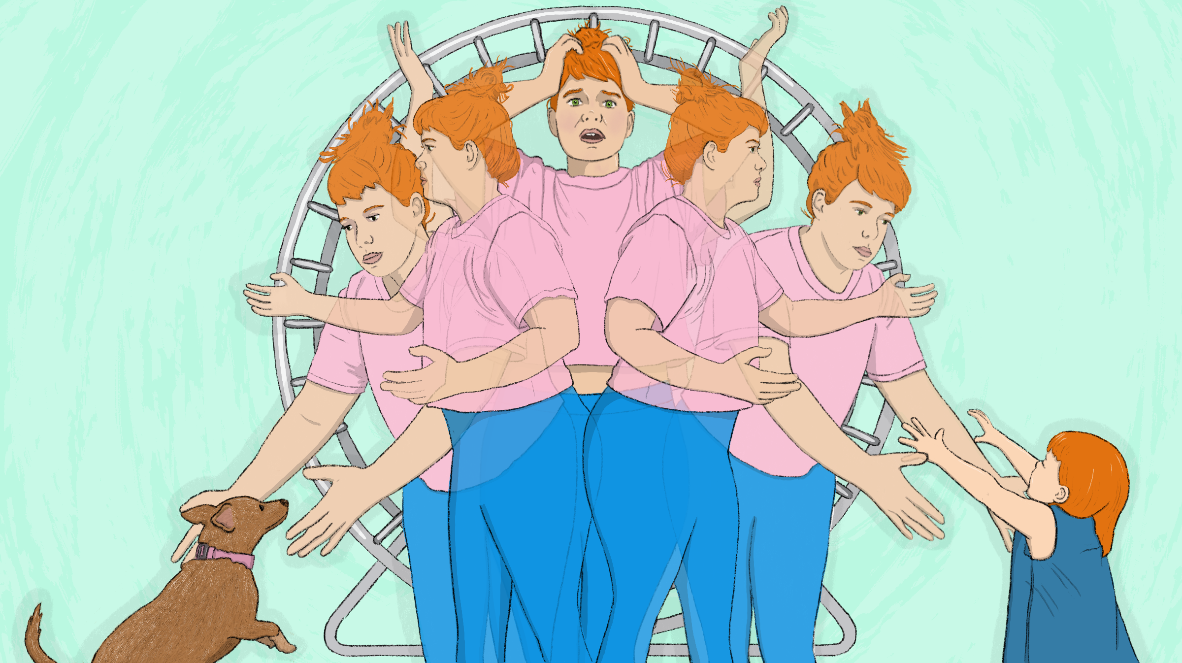 5 stages of a person holding their arms out to a puppy on the left side of the image, to standing straight with their hands on their head in the center, to holding their arms out to a toddler at the right side of the image. In the background is a huge metal hamster wheel.