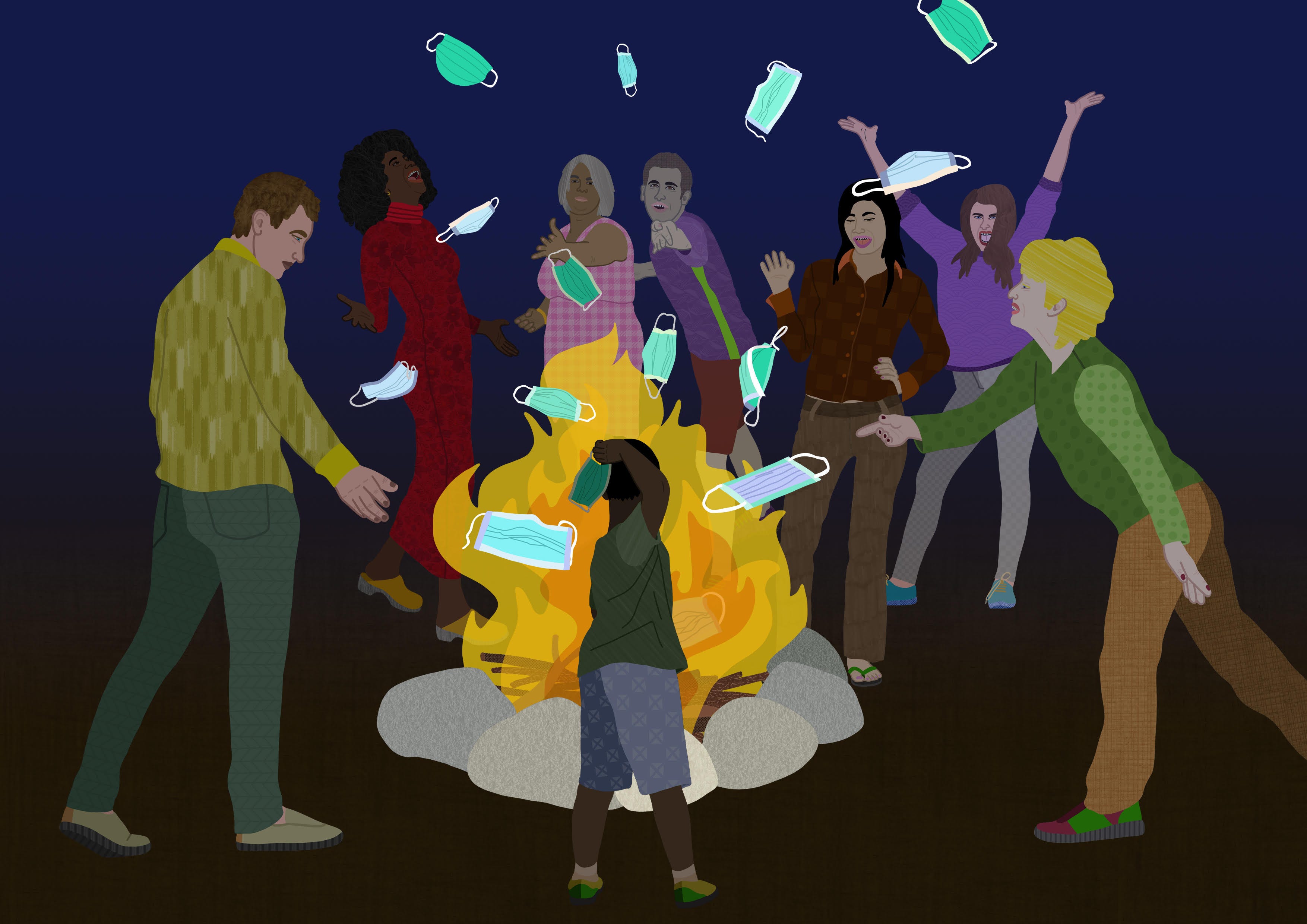 A group of people throw masks into a fire