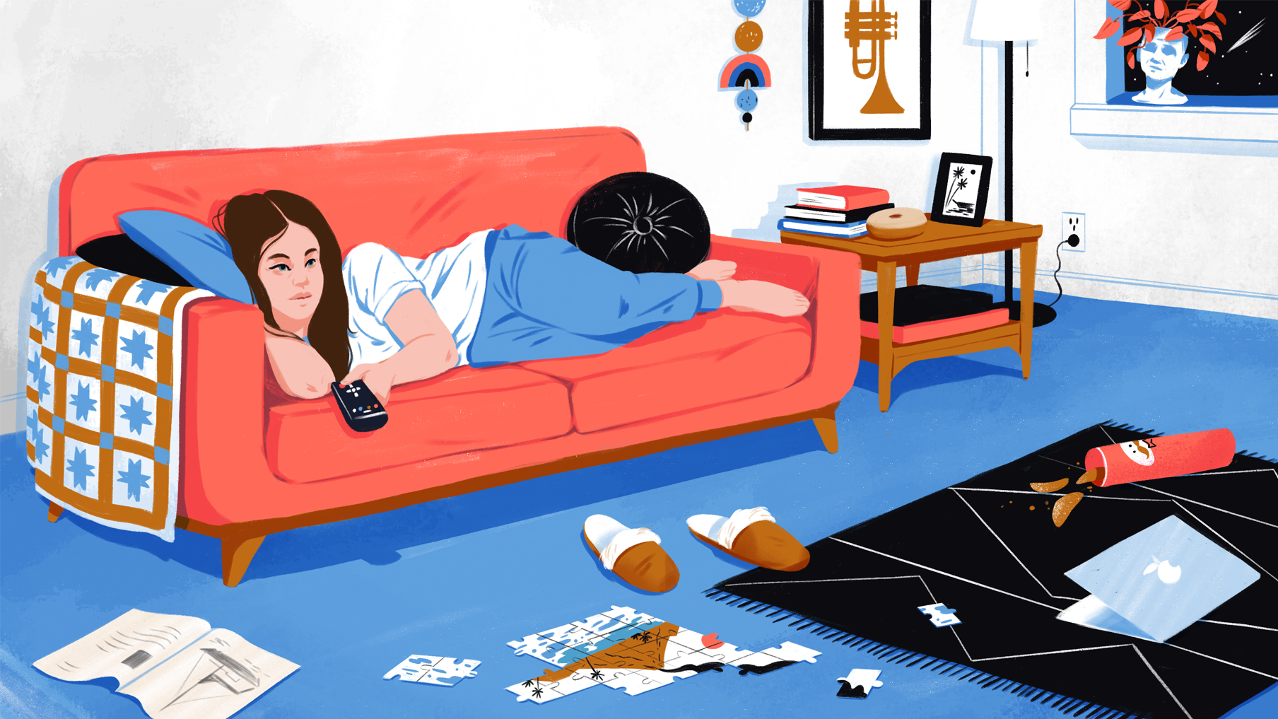 Illustration of a woman lying on her couch watching TV.