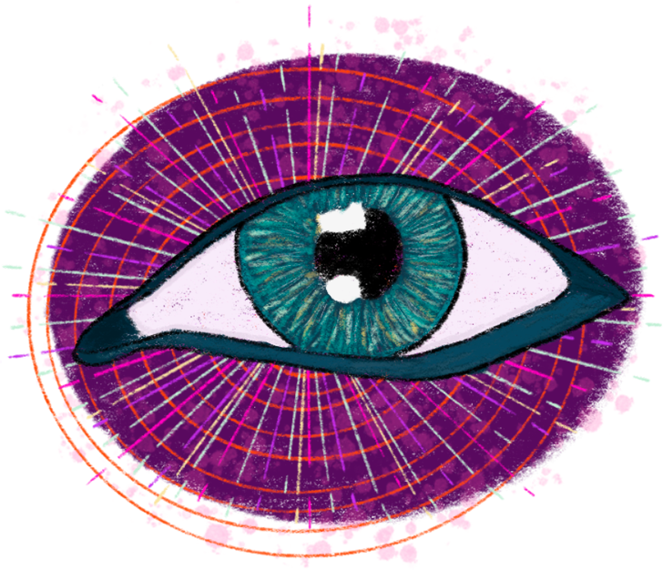 Illustration of a bluish-green eye on a purple circle with a red spiral.