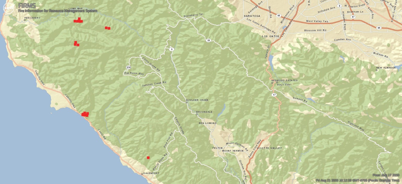 4 red areas (still small but bigger than the ones in the previous map) near the coast southwest of San Jose.