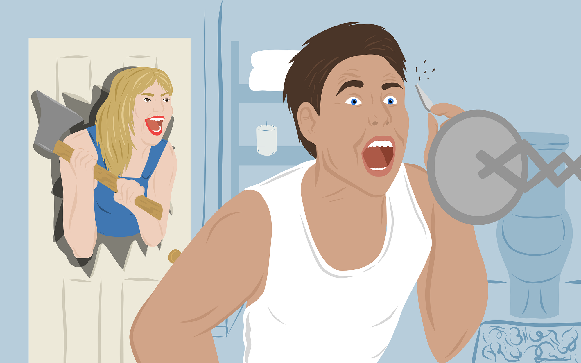 Parody of the “Here’s Johnny!” scene in “The Shining,” but with a woman with an axe and a man who’s tweezing his eyebrows.