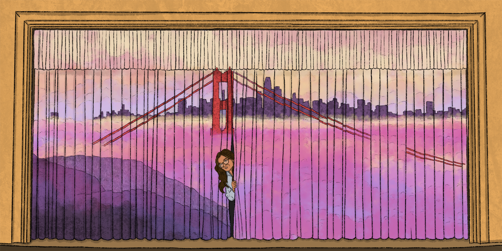 A person peeking out of stage curtains that are decorated with the Golden Gate Bridge + the city obscured by fog at twilight.
