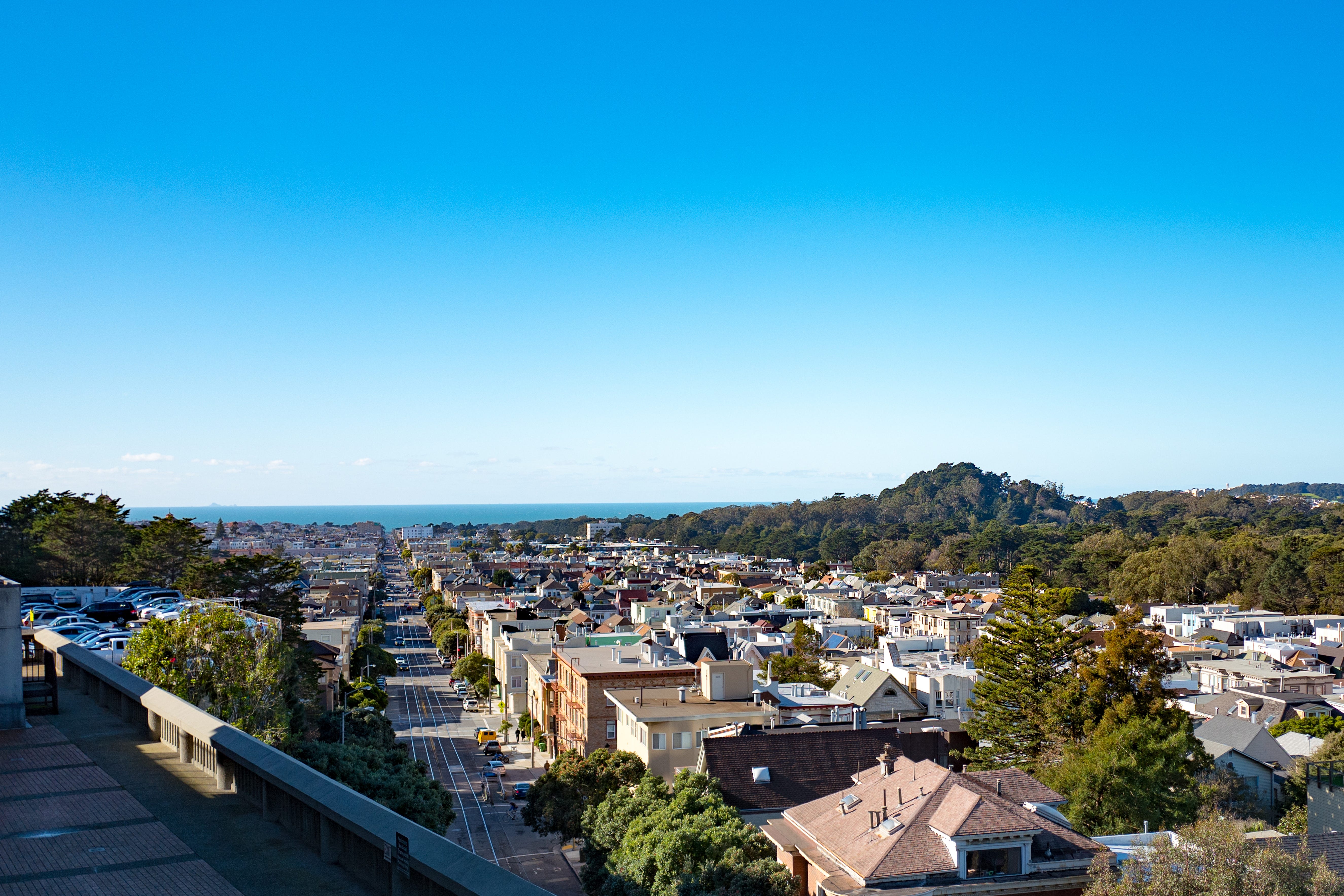 Aerial view of the Sunset District, with trees and ocean in the distance.