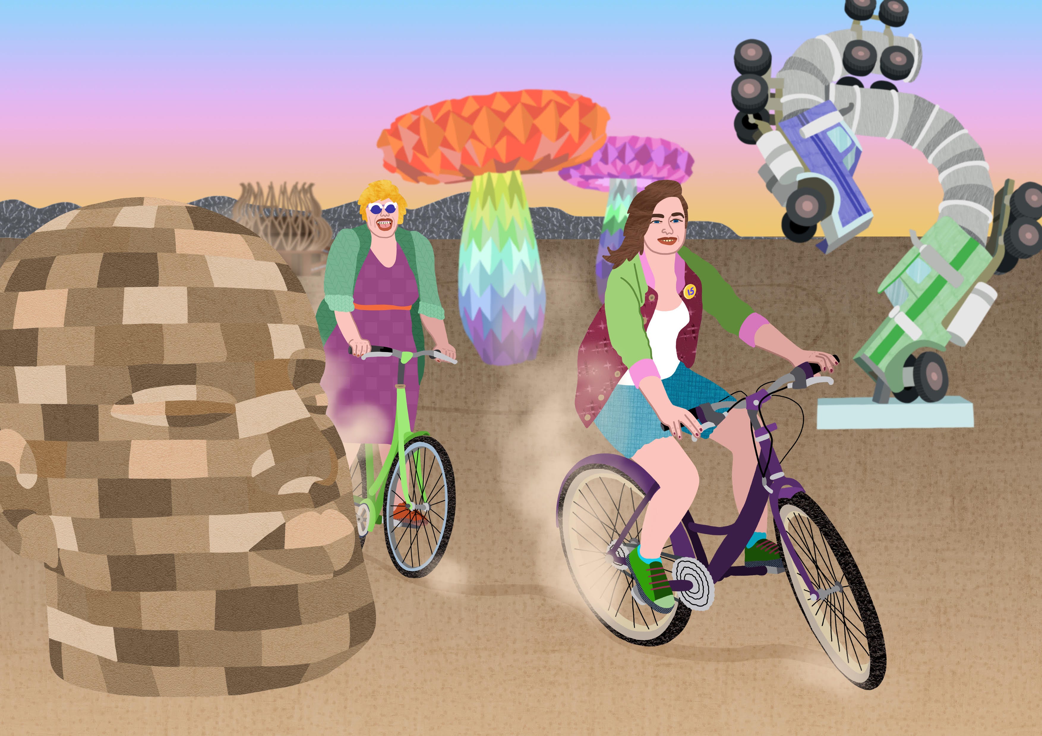 Illustration of author as a teenager riding bikes with her mom at Burning Man