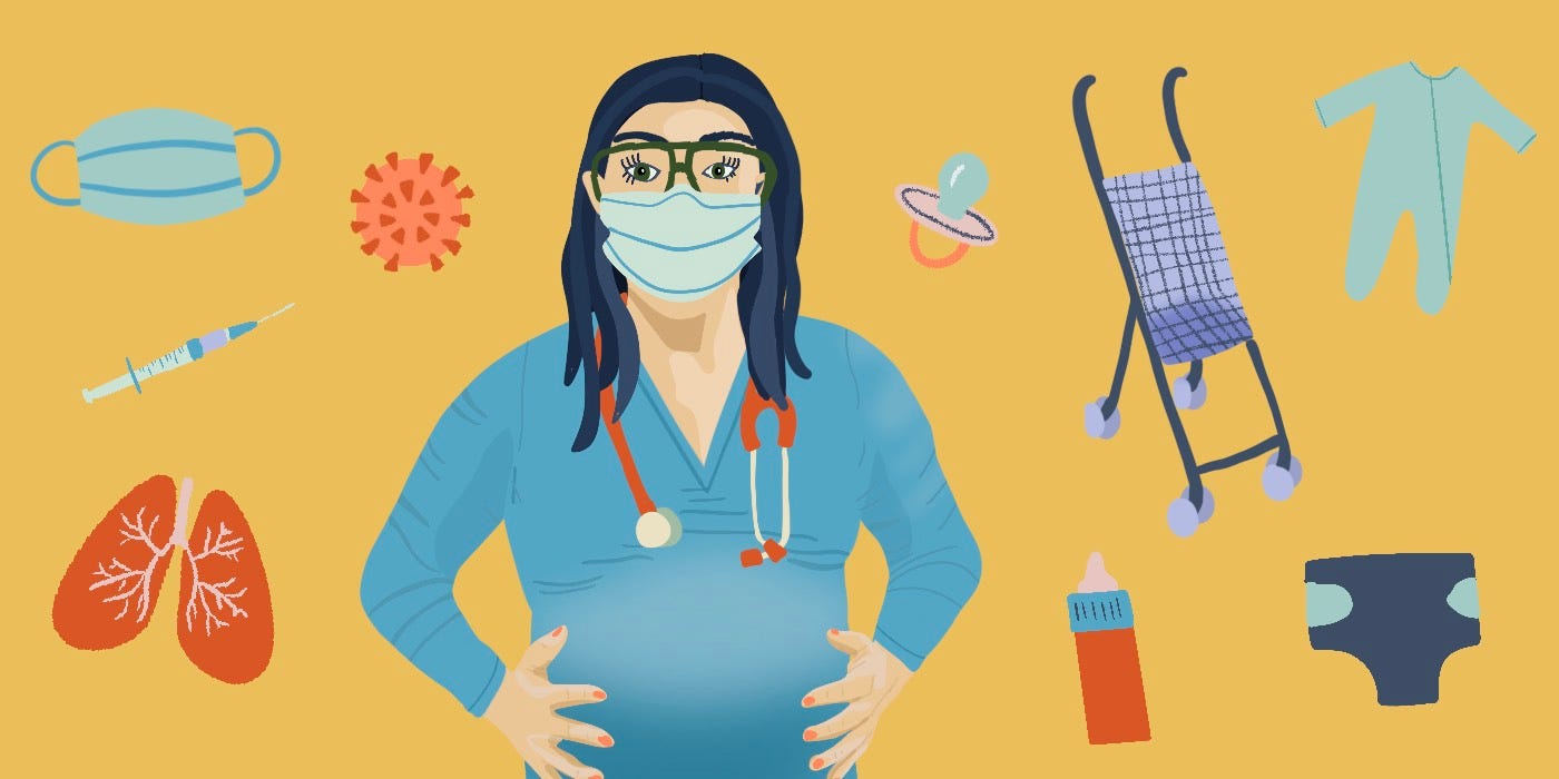 A doctor wearing a face mask and a stethoscope with their hands on their pregnant belly.