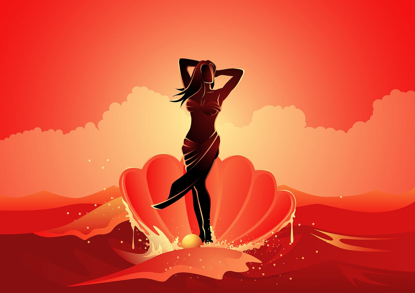 Stylized illustration of Aphrodite rising from the waves in a seashell. In this version, everything is in shades of red, and featureless Aphrodite, dressed what looks like a bathing suit, is the darkest part of the image.