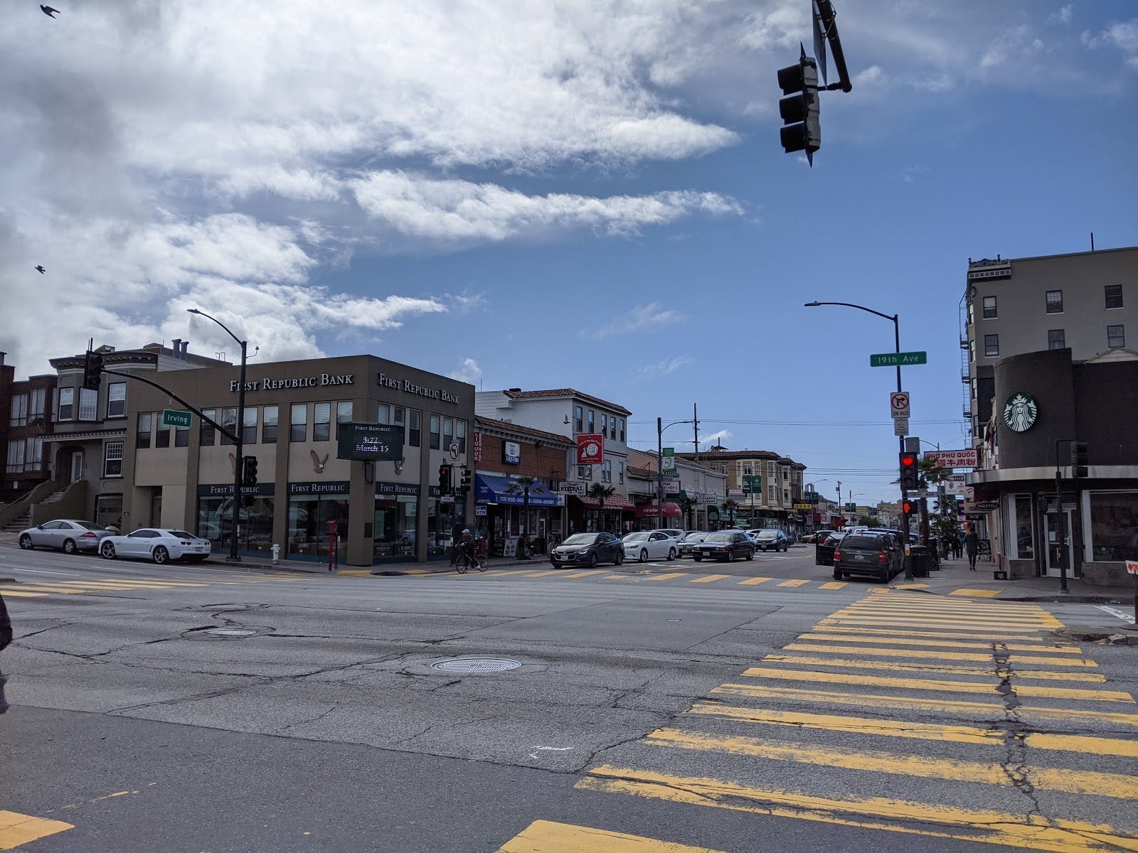 View of the corner of Irving and 19th, taken from the crosswalk.