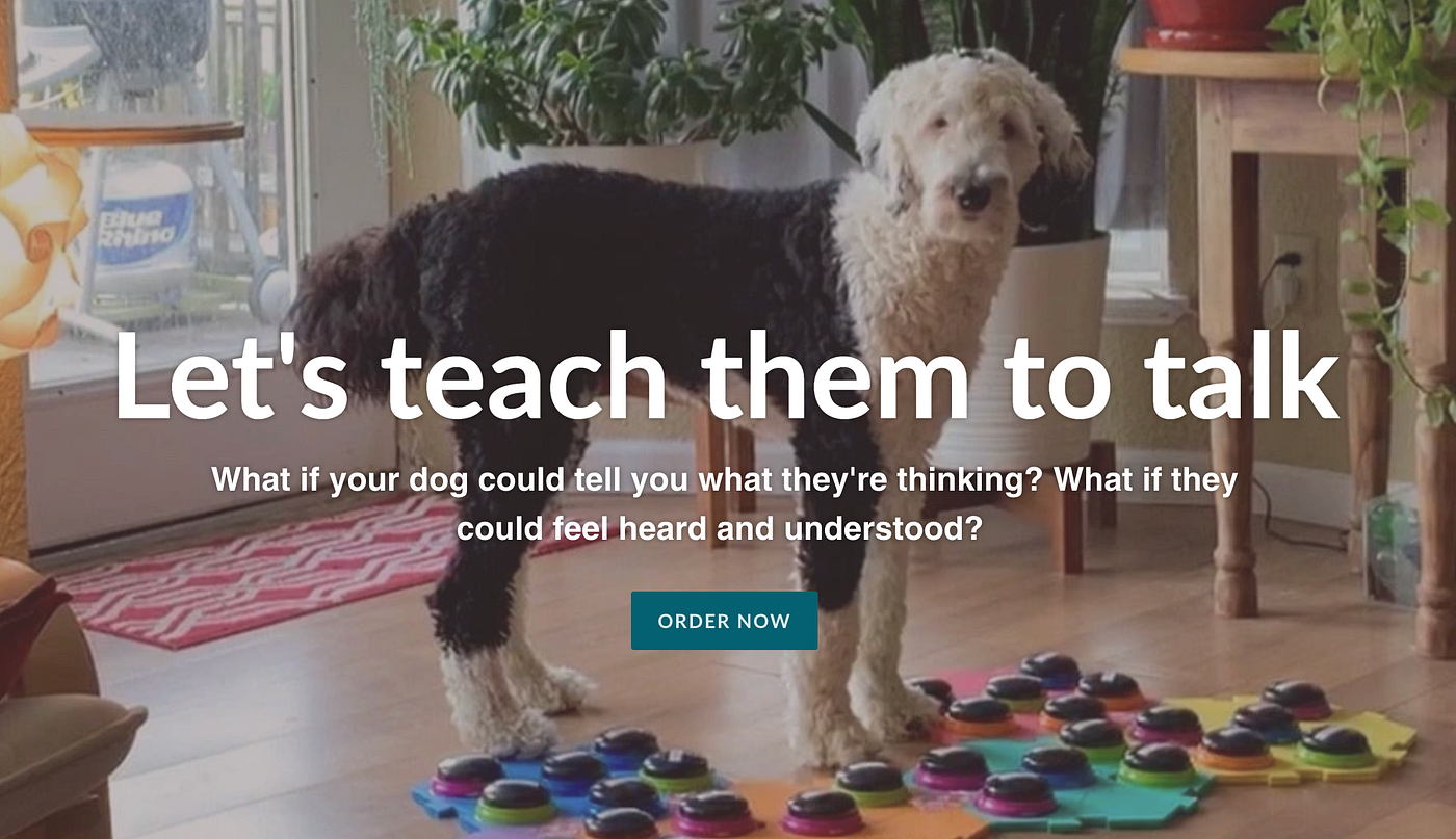 An ad with a dog standing in front of a device with buttons. Text: “Let’s teach them to talk…. Order now.”