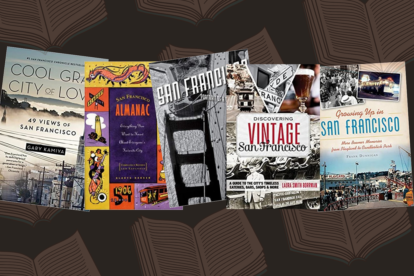 Isolated book covers on an illustrated pattern of open books.