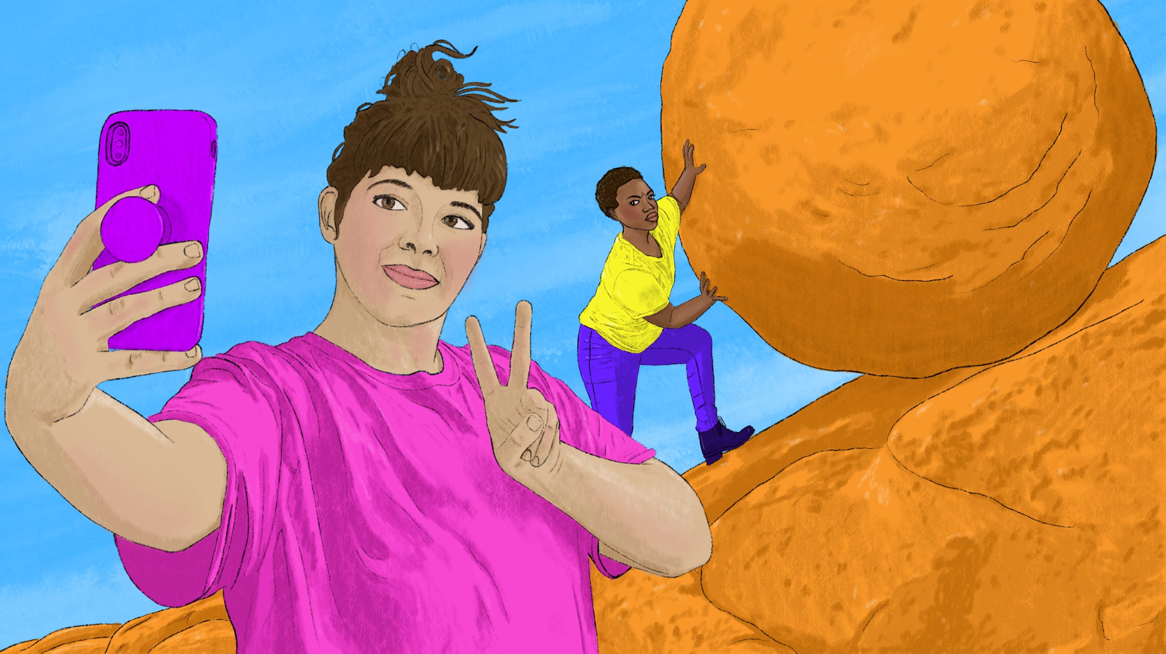 A white person taking a selfie of themself and a Black person in the background whos’ rolling a huge boulder up a mountain.