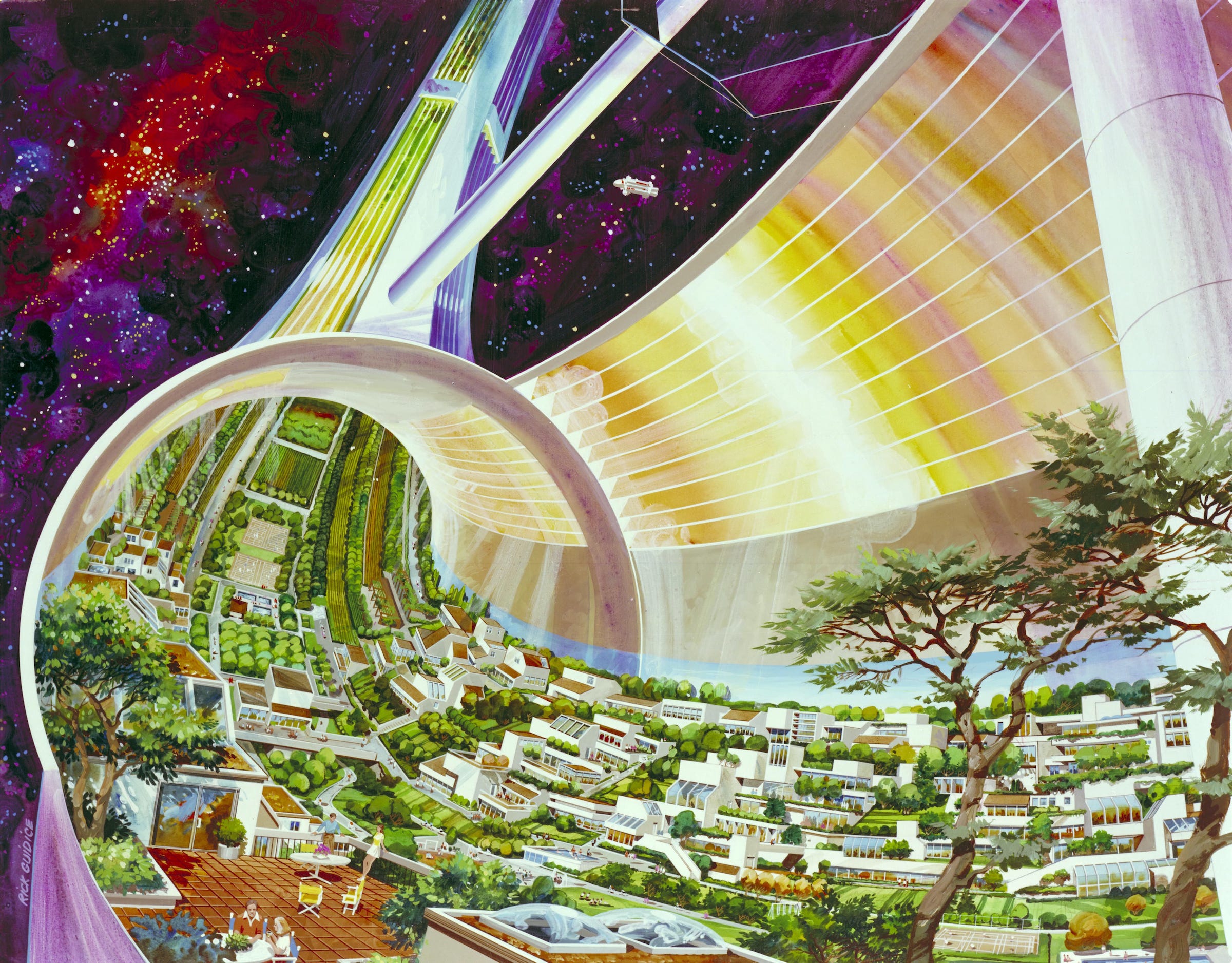 Artist’s rendering of a futuristic off-planet settlement floating in space.