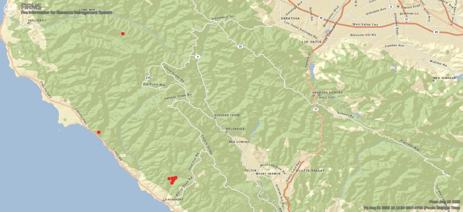 Three small red dots near the coast southwest of San Jose.