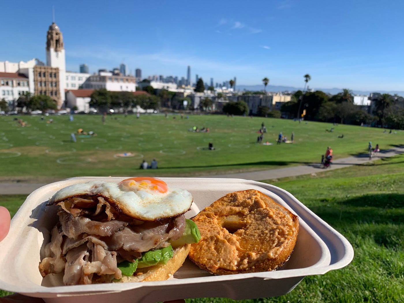 A hand holding a to-go container with the aforementioned egg sandwich in front of an open field at the park.