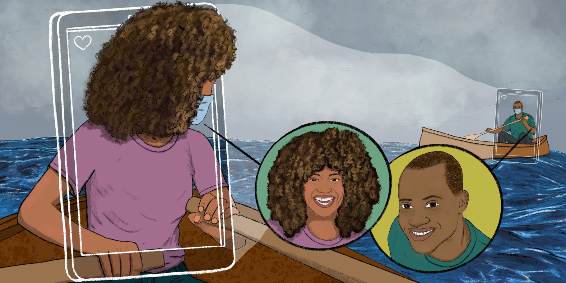Two people in rowboats on a stormy sea. Each has a large cell phone drawn on them with dating profile pics in front of them.