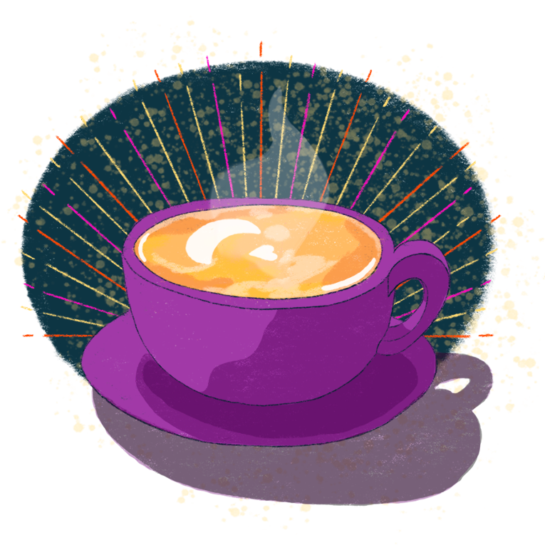 A purple cup of tea or coffee on a matching saucer in front of a blue-green circle with radiating red/yellow/pink lines