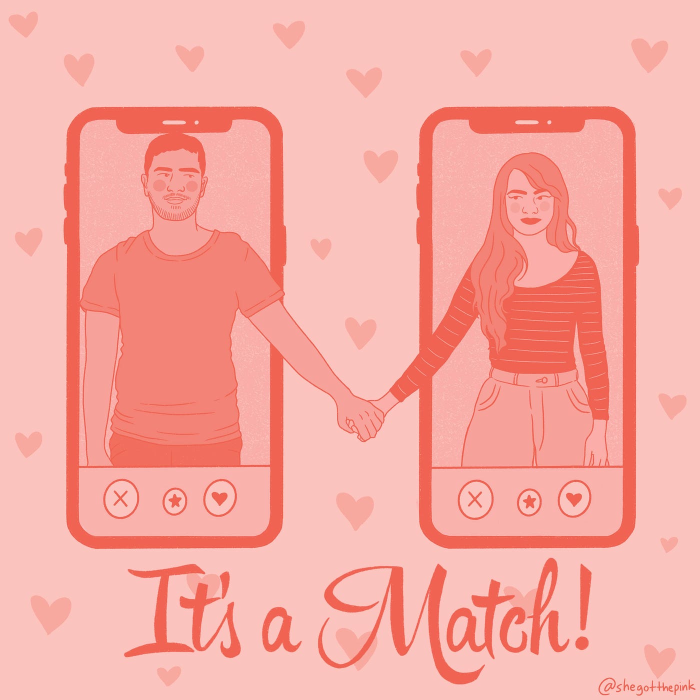 2 cell phones held next to each other with a person on each screen. The people are holding hands on a background of hearts.