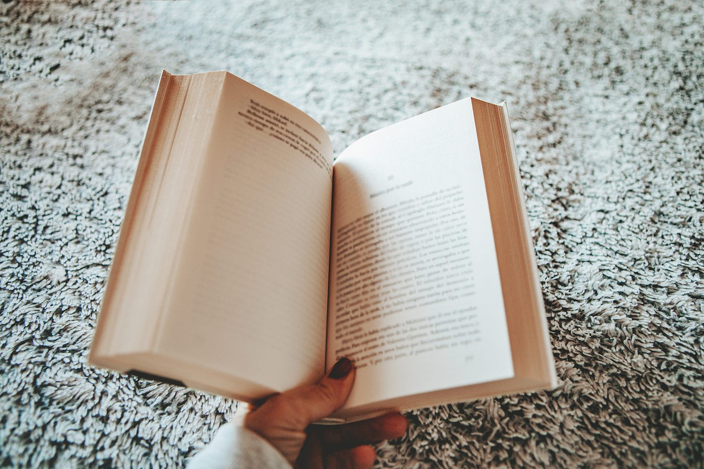 Person holding a book open on carpet.