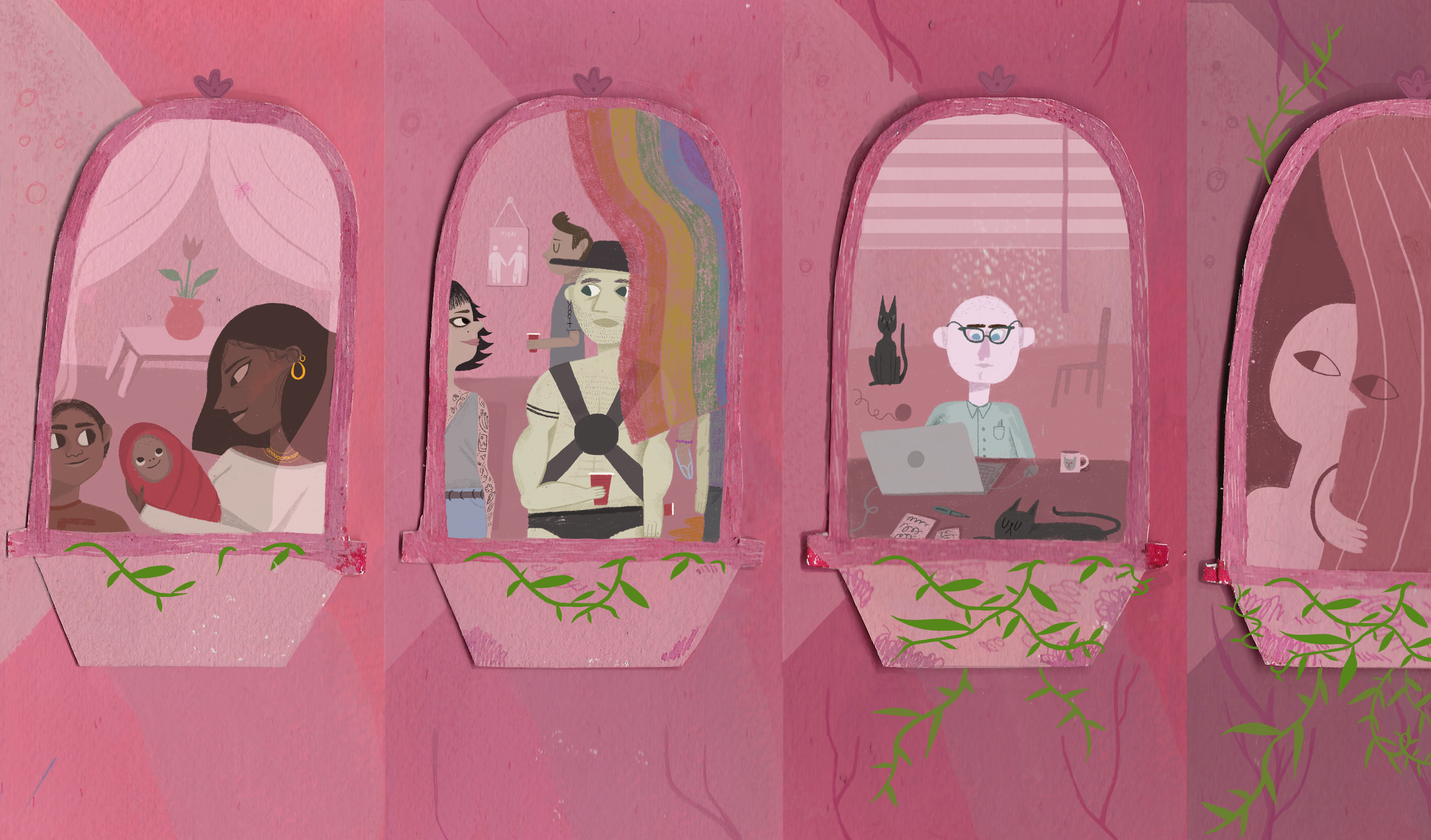 View of the exterior of a pink apartment building. The 4 windows in a row show a Black woman and her family, a queer couple (one of whom is wearing leather and a harness), a tired-looking person working at a desk, and someone peeking out from behind their drawn curtains.