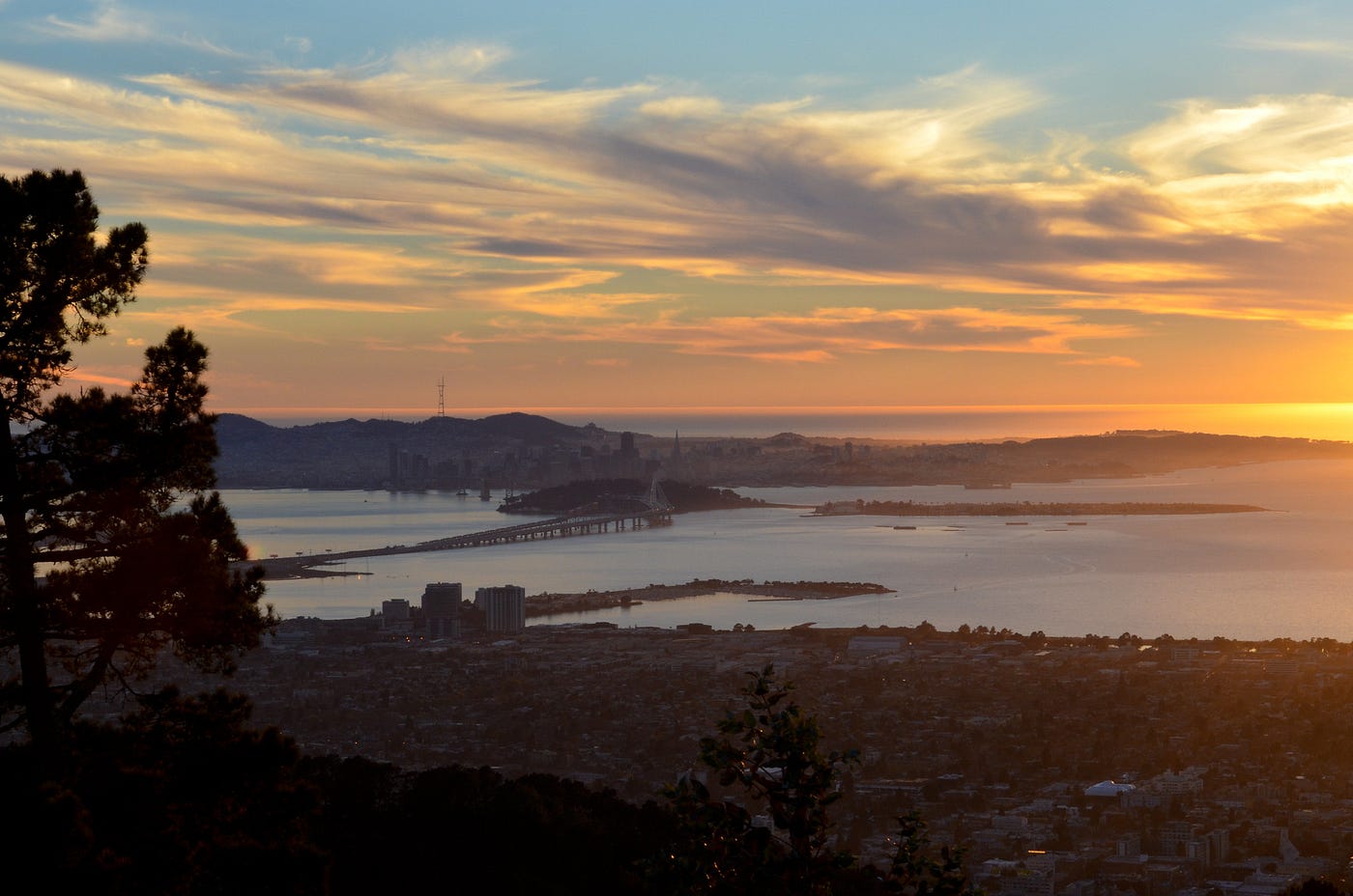 A bird’s-eye view of Berkeley and San Francisco at sunset.