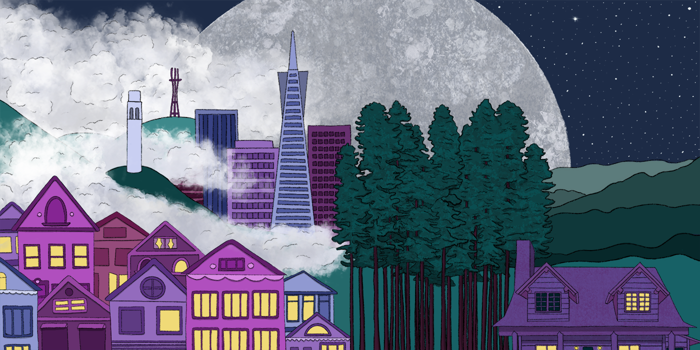 A scene at night: A row of SF houses next to a cabin in the woods, with the Sutro Tower and other landmarks in the background