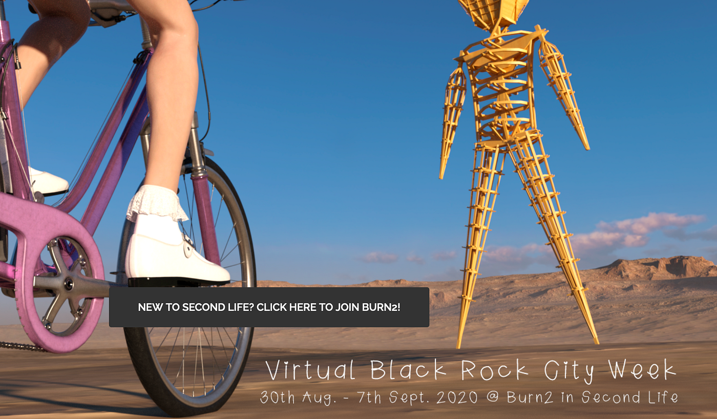 Screenshot of a “Virtual Black Rock City Week” ad, showing someone riding a bike toward a large wooden humanoid figure.
