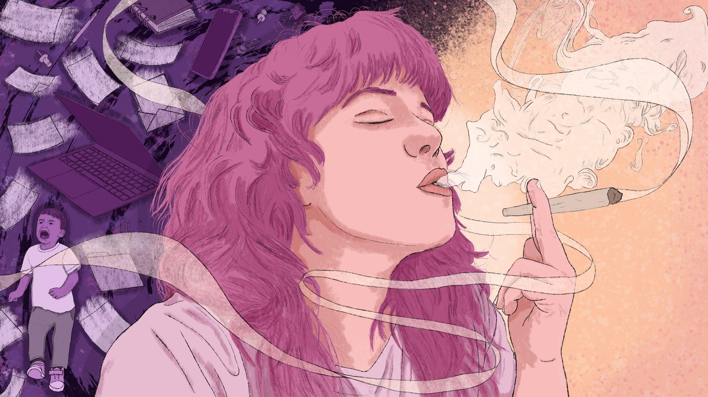 Woman smokes a joint with chaos in the background, including a screaming toddler.