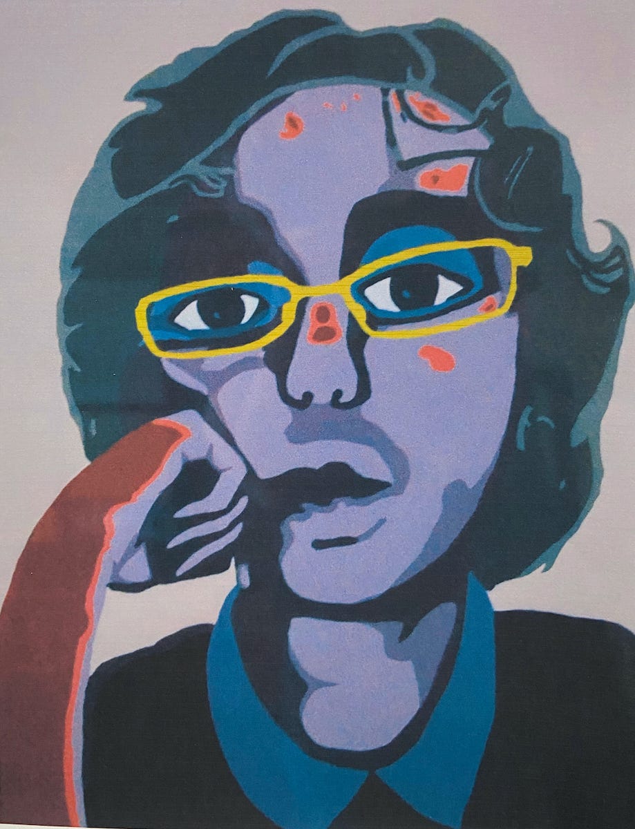 Painting of a purple-toned person with yellow-framed glasses, resting their cheek on their fist.