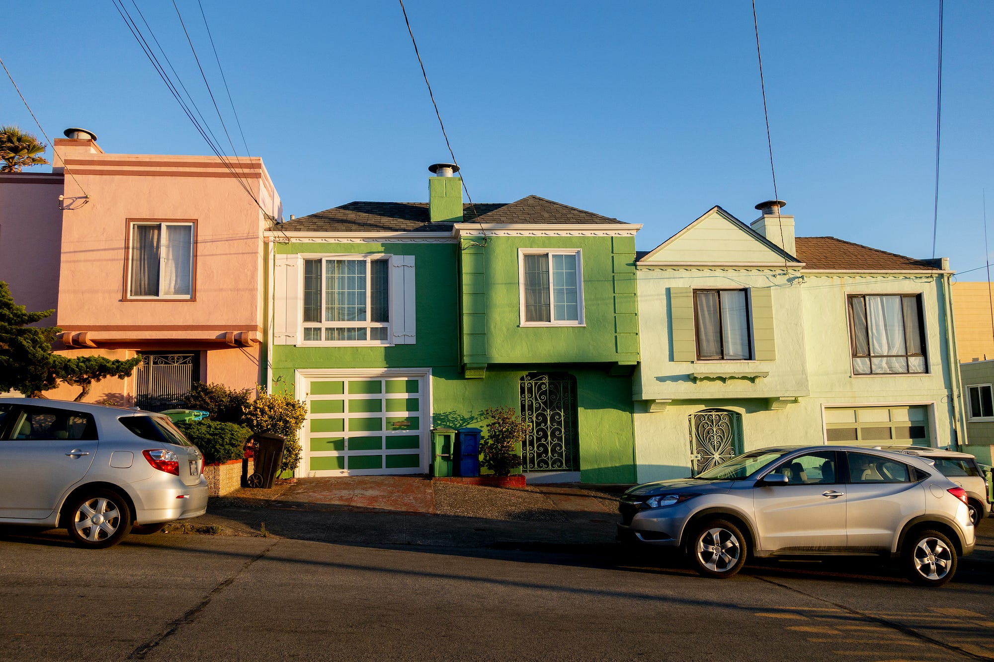 Colorful houses in the Sunset District of San Francisco, seen in the late afternoon.
