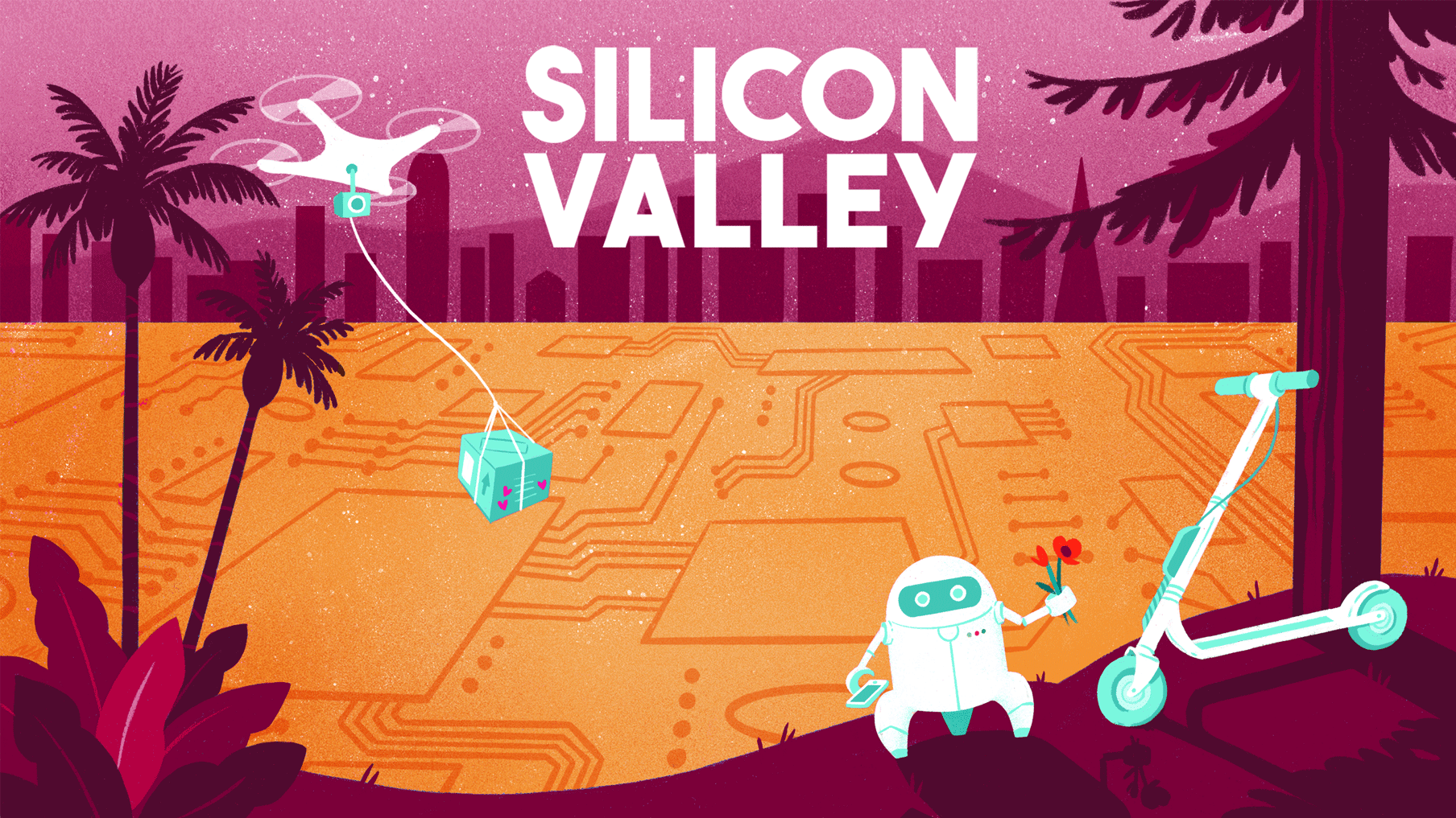Ground made of orange silicon chip, with the SF skyline in the background & robots in the foreground. Text: Silicon Valley.