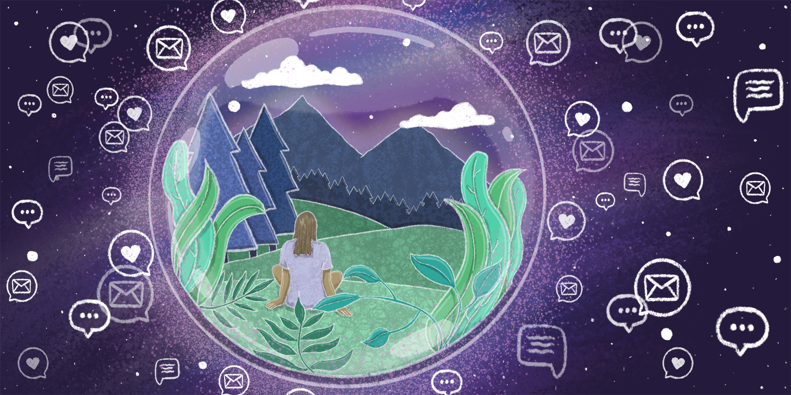 A bubble in space, containing a person sitting in a field by mountains, surrounded by mail/heart notification icons.