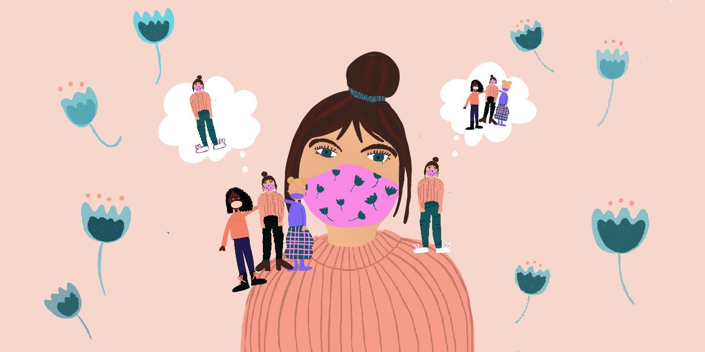 A person with a face mask. On their shoulders are small people on who have thought bubbles of other people. Illustration.