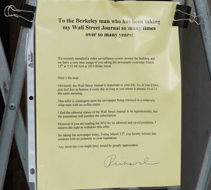 News website Berkeleyside shared a photo of a note one Berkeley neighbor left to another who has…